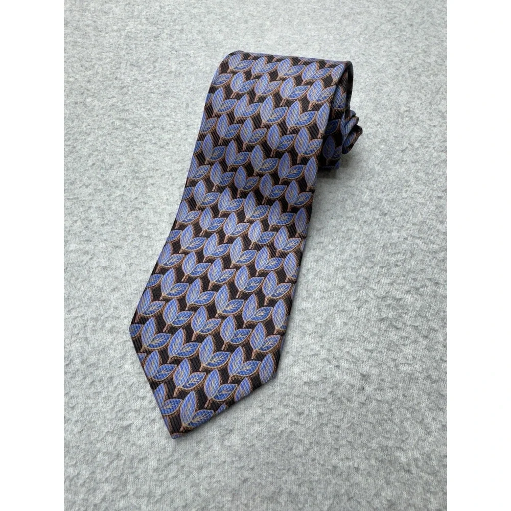 Ermenegildo Zegna Tie Brown Blue Leaf Pattern Silk‎ Made in Italy Necktie Luxury
